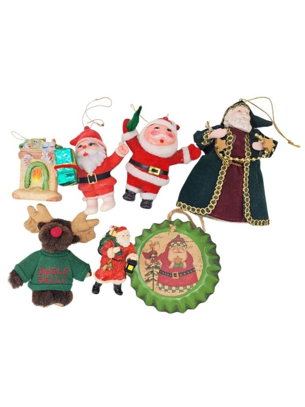 Vintage Christmas Ornaments Lot Of 5 + 2 Figurines Santa Fireplace Holiday Moose